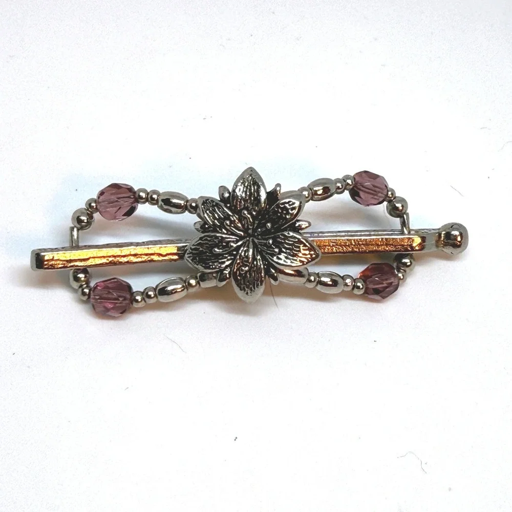 Lilla Rose XS Flexi Hair Clip Silver Tone Purple Beaded Flower Motif Pat